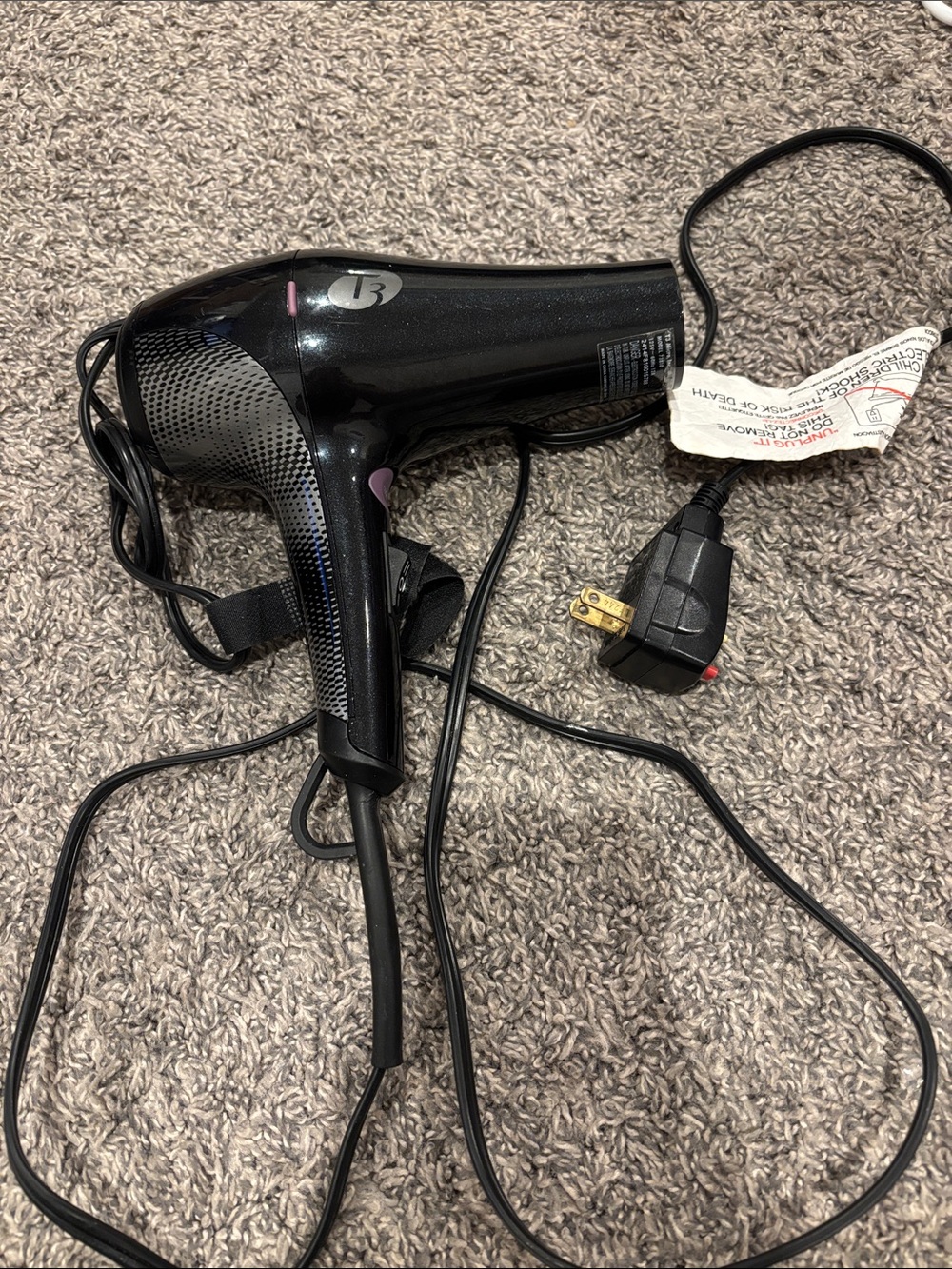 T3 Black Ionic Hair Dryer with Purple Accent